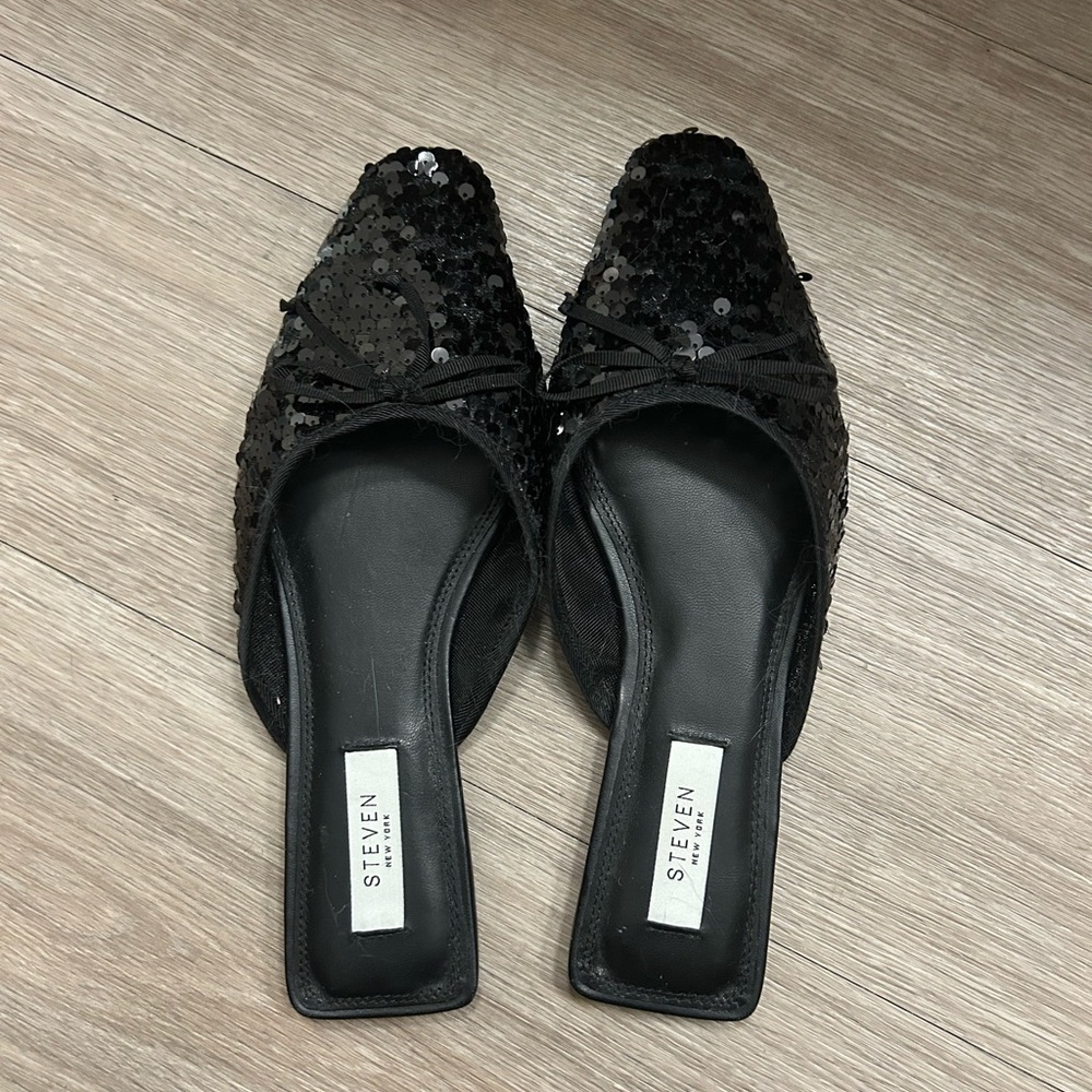 Steven New York Black Multi Sequin Bow Mule Flats Size [8.5]